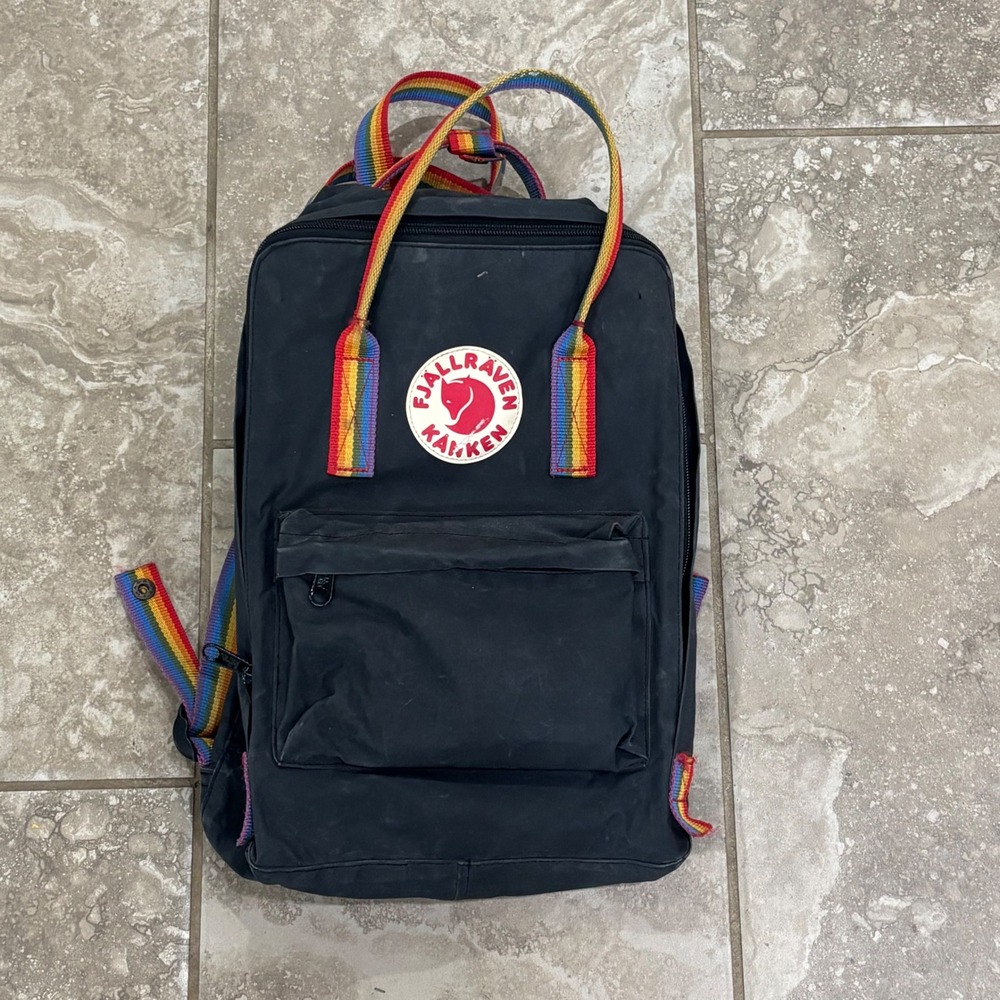 Fjallraven Kanken Rainbow Edition Backpack Black with Multi Color Straps 23620